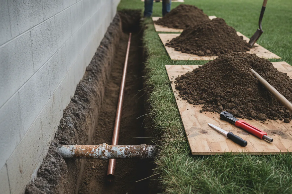 Excavated water line trench during Sewer Line Repair in Valentine